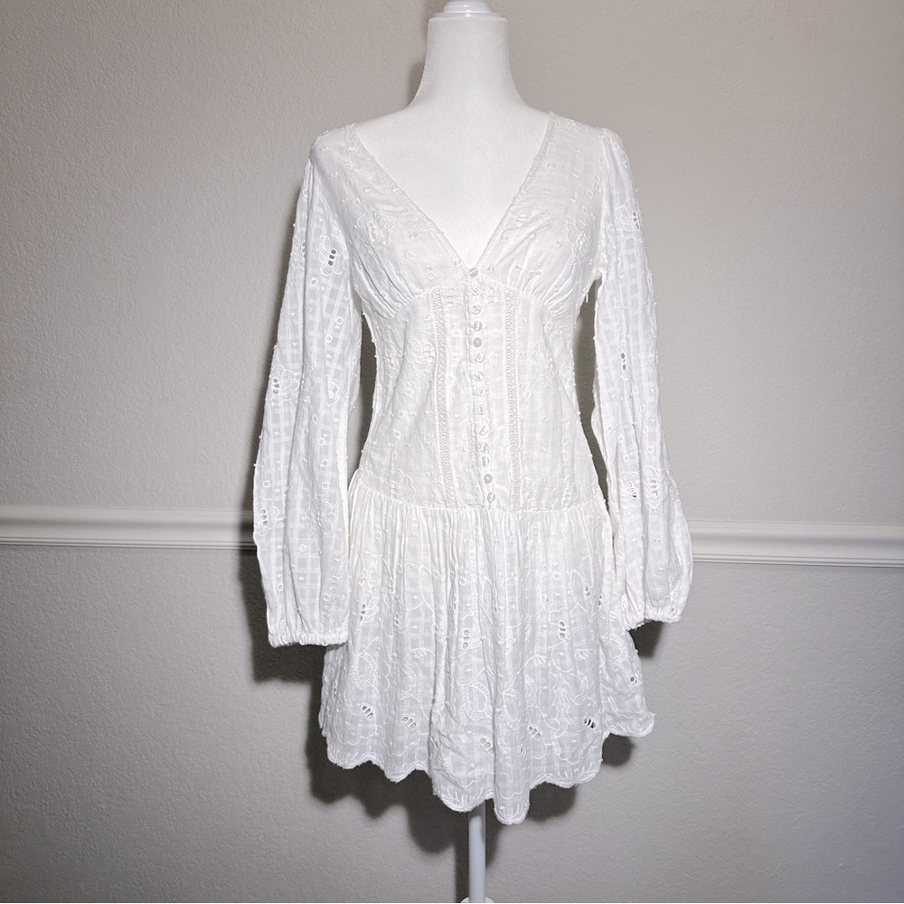 ZARA Coquette White A Line Mini  Long Sleeve Embroidered Cotton Dress Size XS